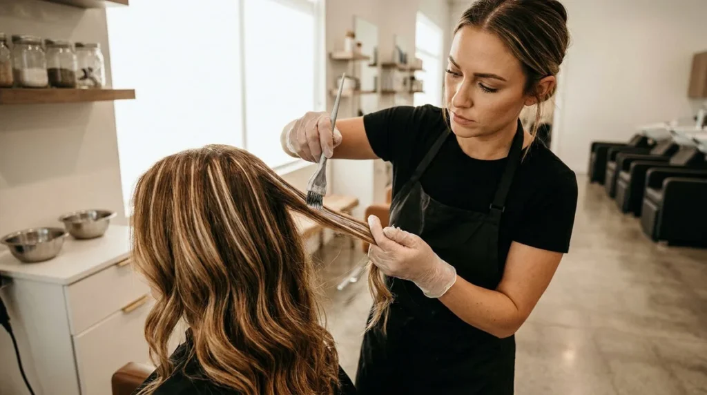 Coiffure lumineuse sur modèle, cheveux en couches avec nuances dorées, extérieur salon moderne, élégance professionnelle