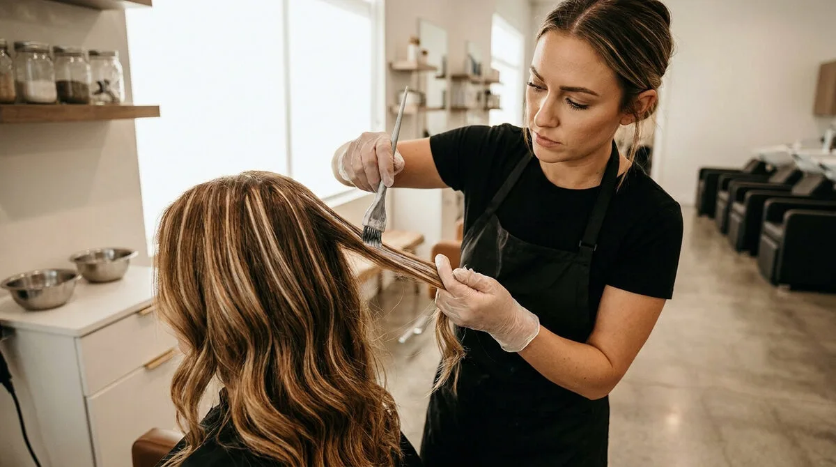 Coiffure lumineuse sur modèle, cheveux en couches avec nuances dorées, extérieur salon moderne, élégance professionnelle