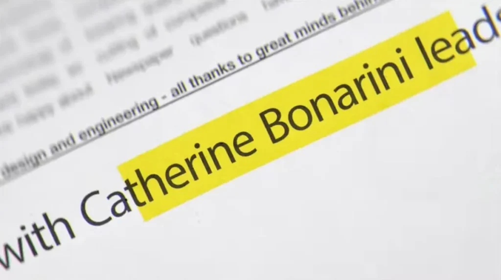 Document soulignant le nom Catherine Bonarini dans un texte sur la formation en balayage painting