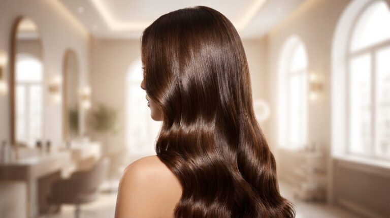 Cheveux longs, ondulés et très brillants d'une couleur châtain riche dans un salon de coiffure élégant.
